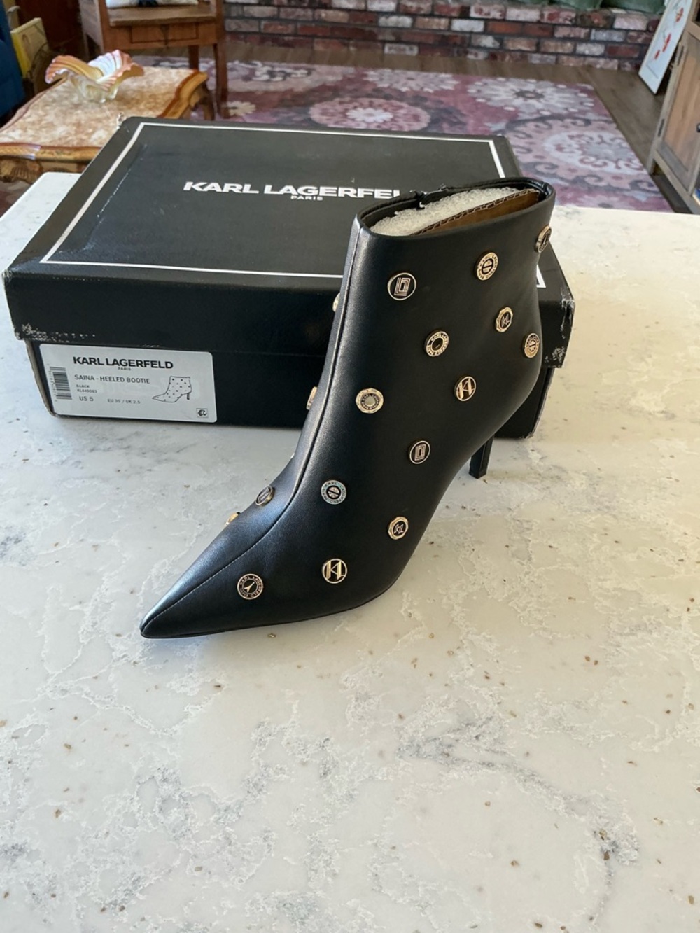 NIB Karl Lagerfeld Paris Saina Booties - Black/Gold - Size 5